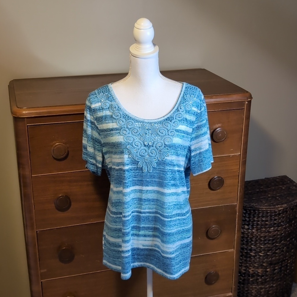 erika BLUE Tie Dye Stripe COASTAL Burnout Lace Bling Tshirt